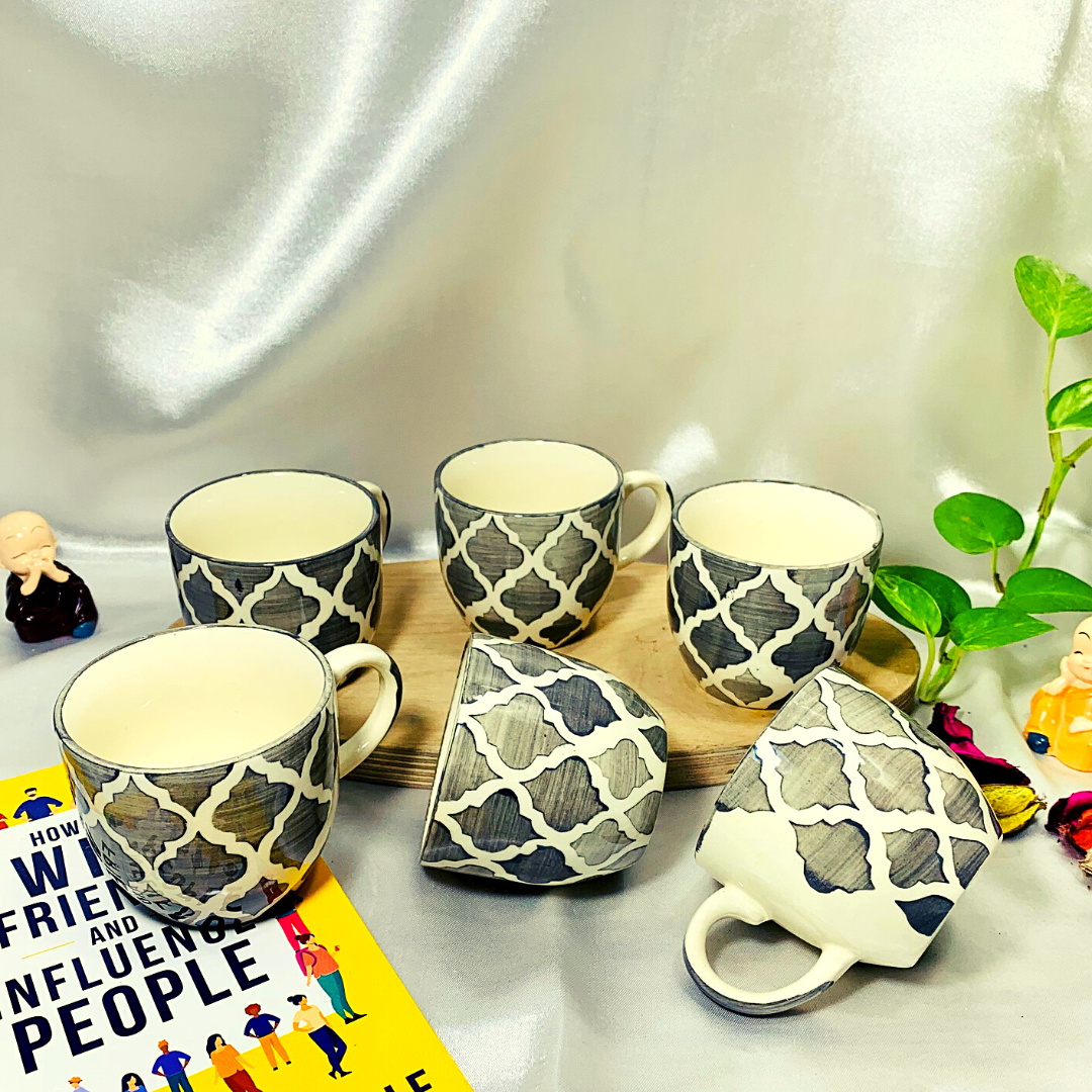 Homefrills Premuim Stoneware Hand Painted Grey Moroccan Full Design Ceramic Stylish Tea/Coffee Cups Set of 6